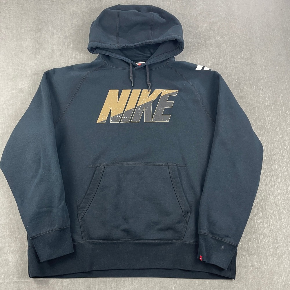 Nike Mens 2XL Black Hoodie Gold Splatter Graphic Pullover Sweatshirt